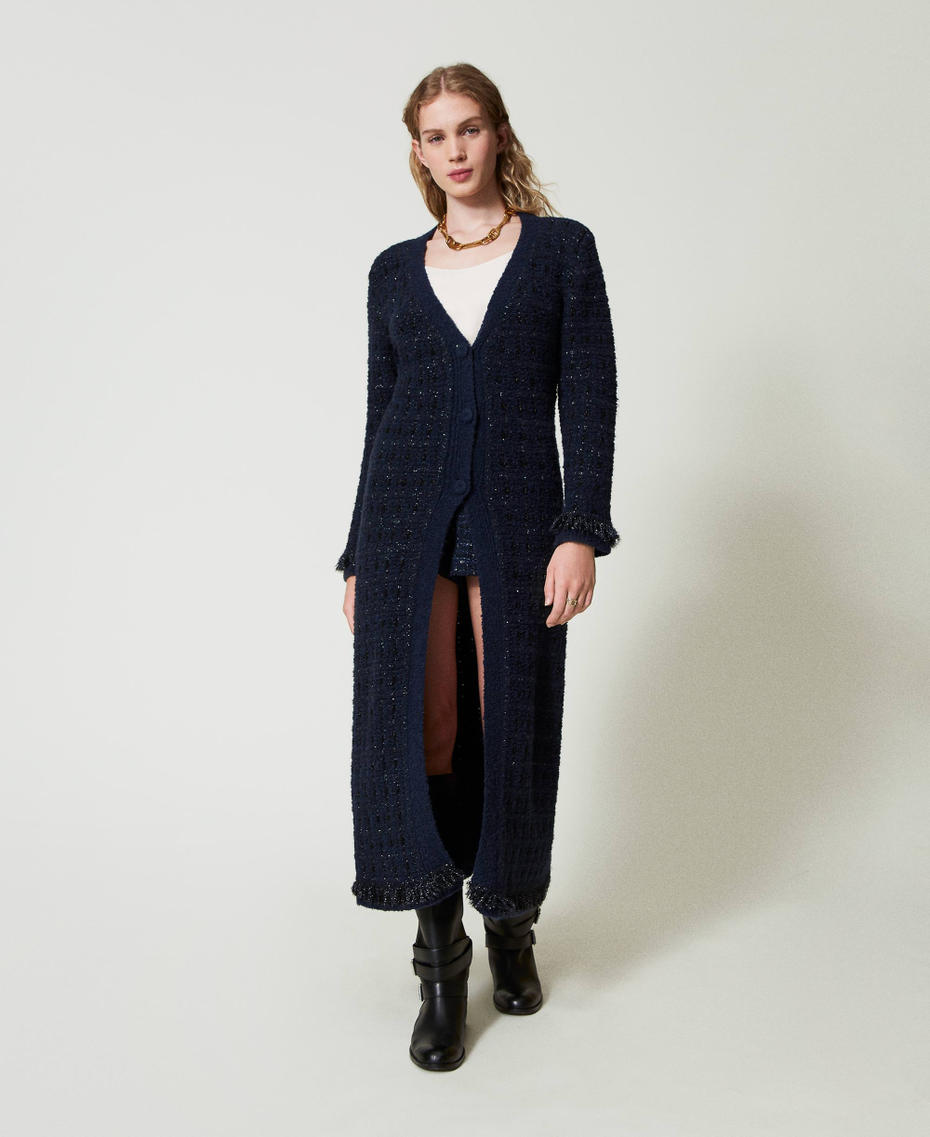 Jacquard knit long chequered cardigan Light Classic Blue Checked Jacquard Woman 242TT3590_12075_01