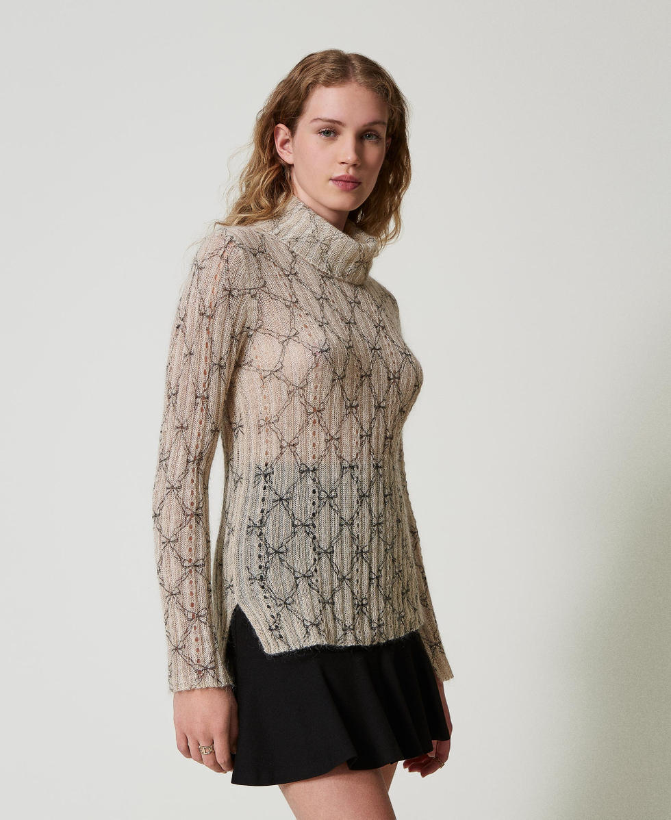 Mohair blend turtleneck printed jumper White Cream / Black Bow Print Woman 242TT3610_12048_02