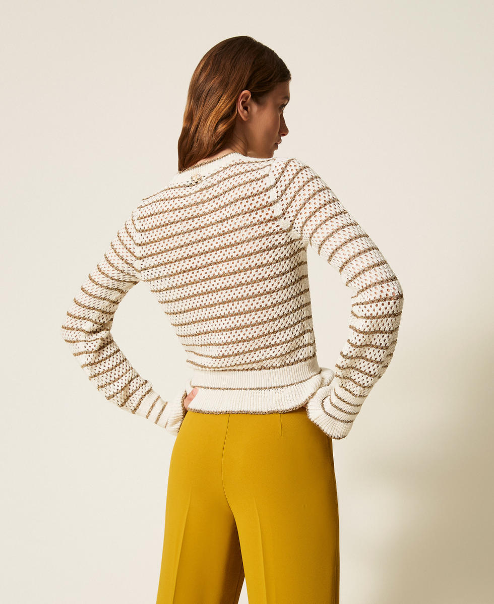 Fishnet jumper with lurex stripes Snow White/Golden Green Lurex Woman 252TP3532_12804_03