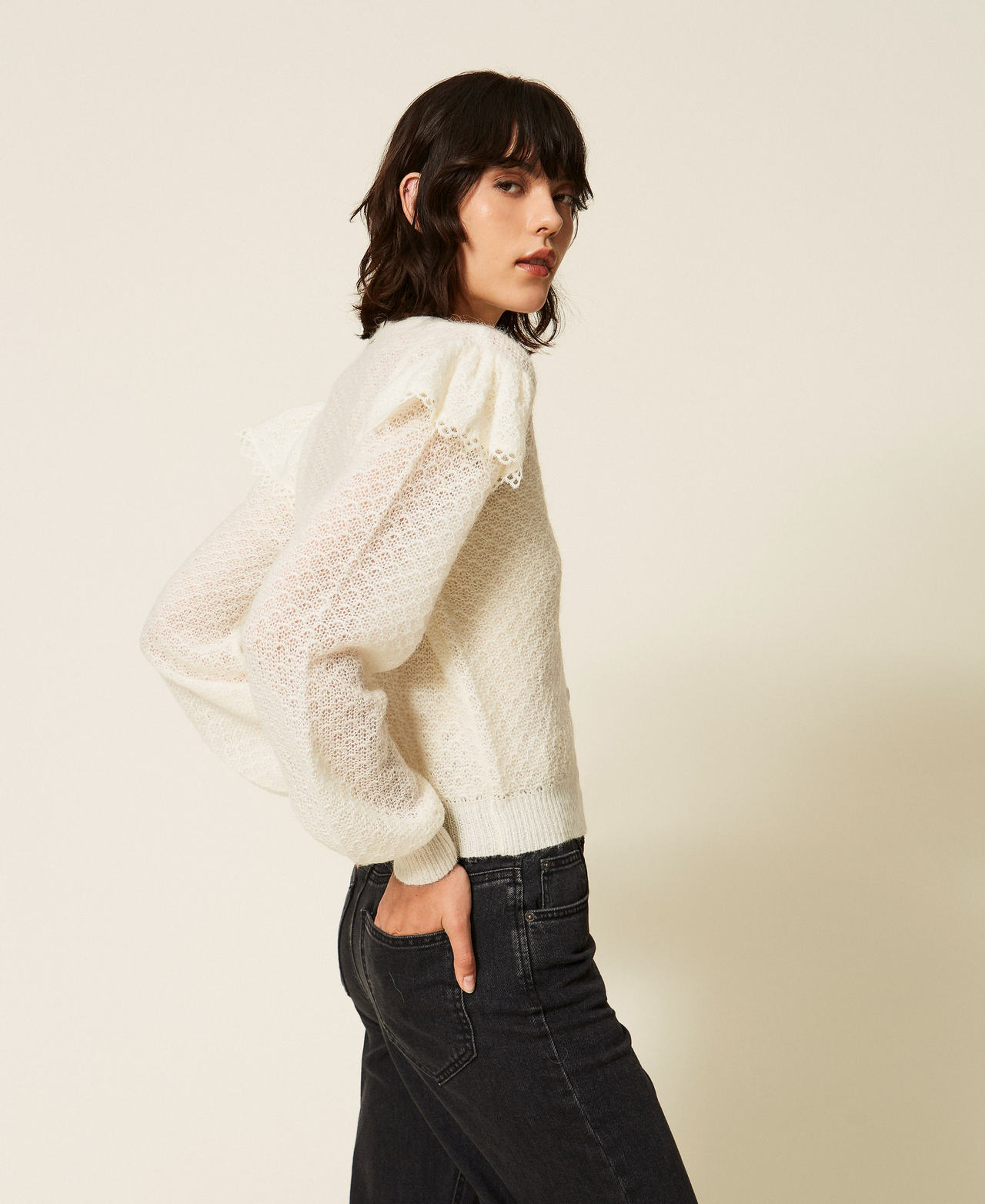 Cardigan en maille avec volants Nacre Femme 262TP3150_00059_03