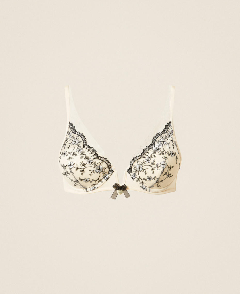 Embroidered tulle bralette Mother of Pearl/Black Embroidery Woman 262LI6B23_13843_S0