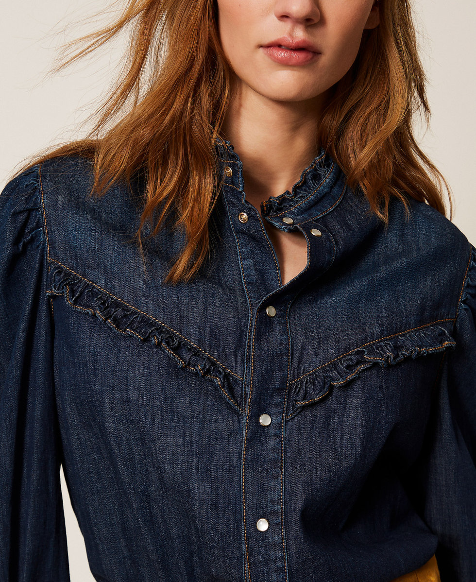 Denim shirt with ruffles Woman, Black | TWINSET Milano