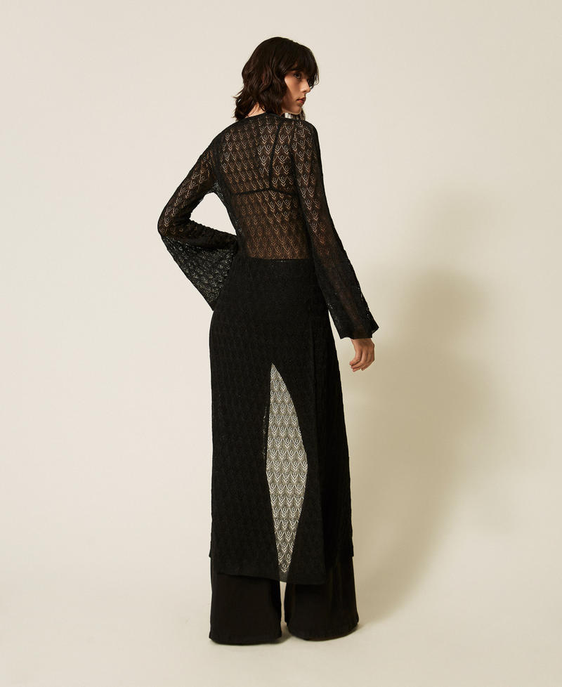 Langer Strick-Cardigan mit ausgestellten &Auml;rmeln Lurex Schwarz Frau 262TP3Q33_13597_03