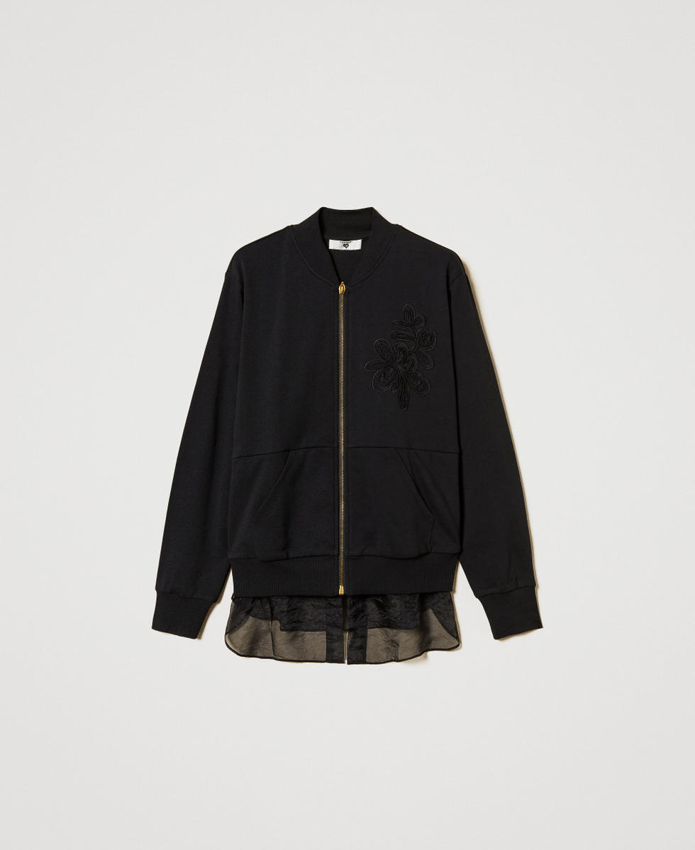 Sweatjacke mit Stickerei und Organza-Einsatz Schwarz Frau 251LL2HAA_00006_S0