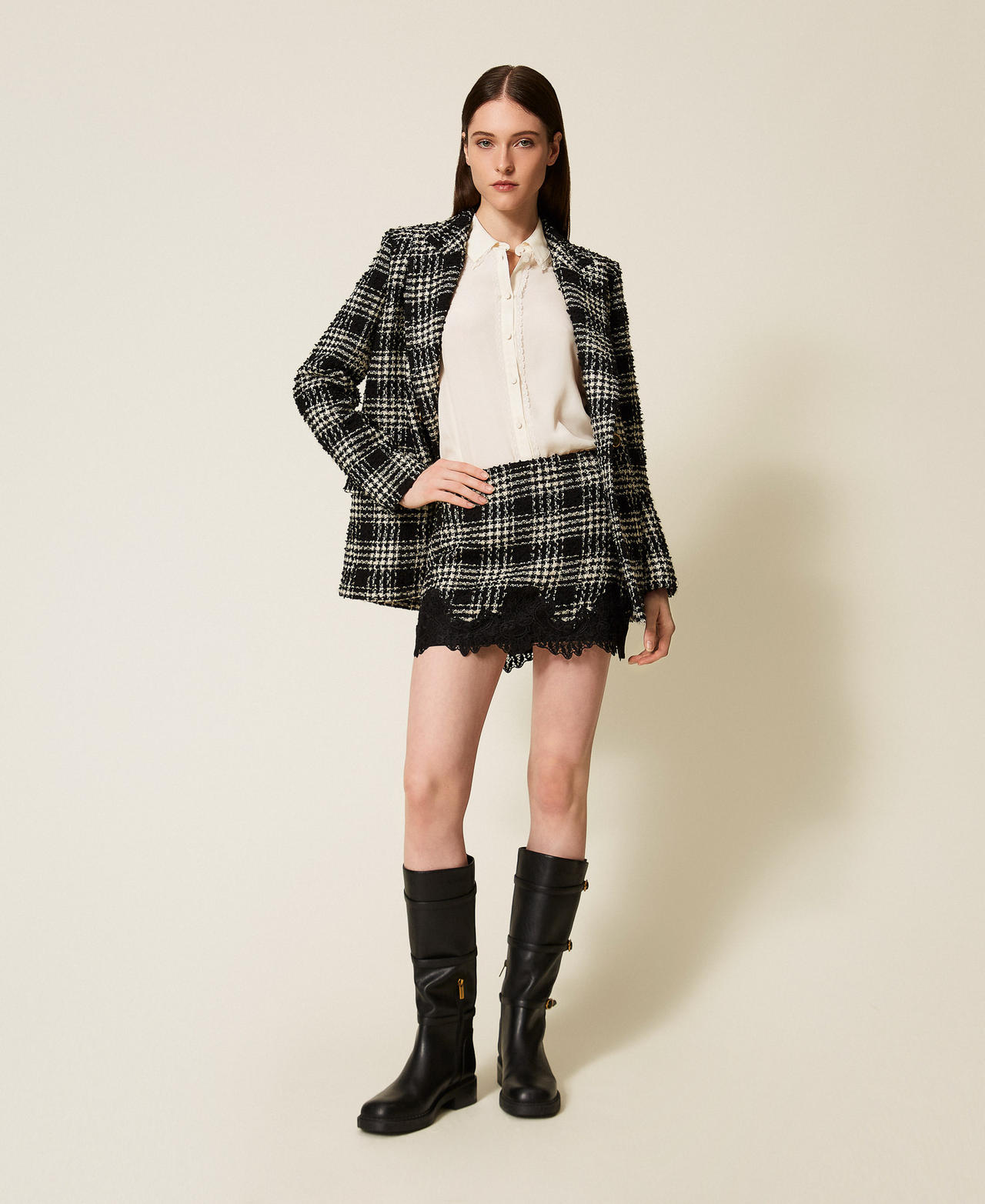 Bouclé check miniskirt Black/Snow White Big Check Woman 252TT2112_12876_01
