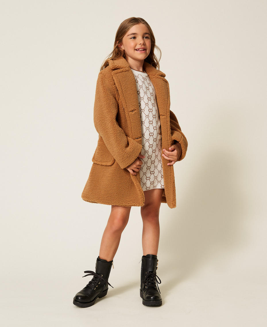 Short jacquard knit dress with removable sleeves Papyrus White/Camel Micro Logo Girl 252GJ3020_12794_T0