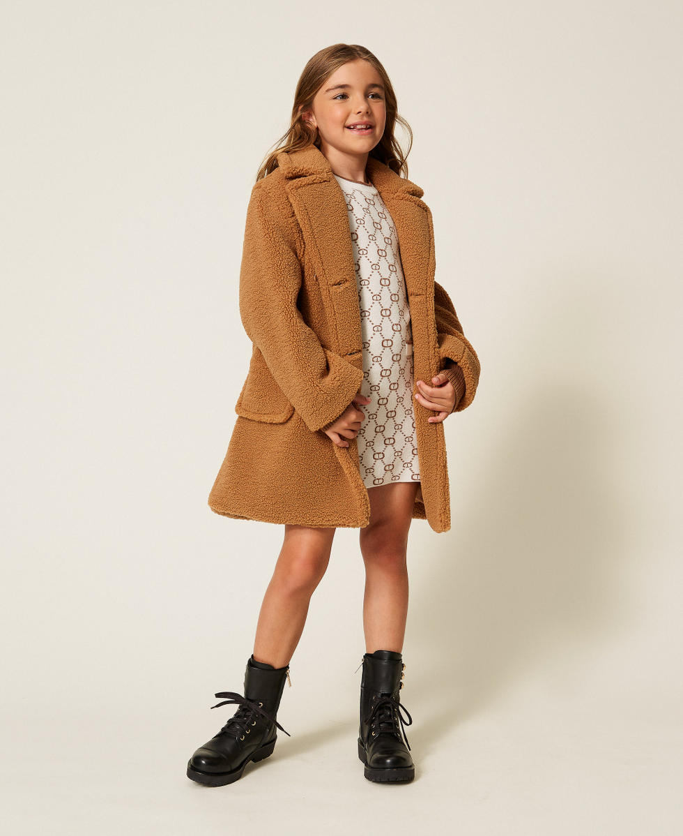 Short jacquard knit dress with removable sleeves Papyrus White/Camel Micro Logo Girl 252GJ3020_12794_T0