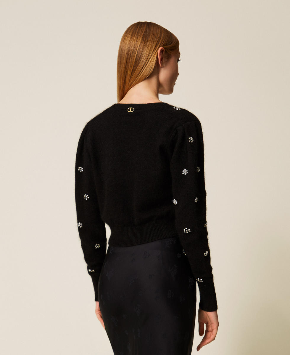 Cardigan en angora m&eacute;lang&eacute; avec broderie Noir Femme 252TT3180_00006_03