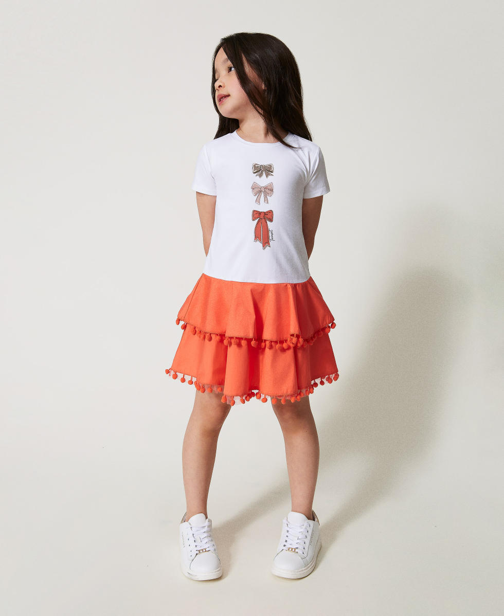 Abito corto con balze e pompon Bicolor Ice / Sugar Coral Bambina 251GJ242B_12256_01
