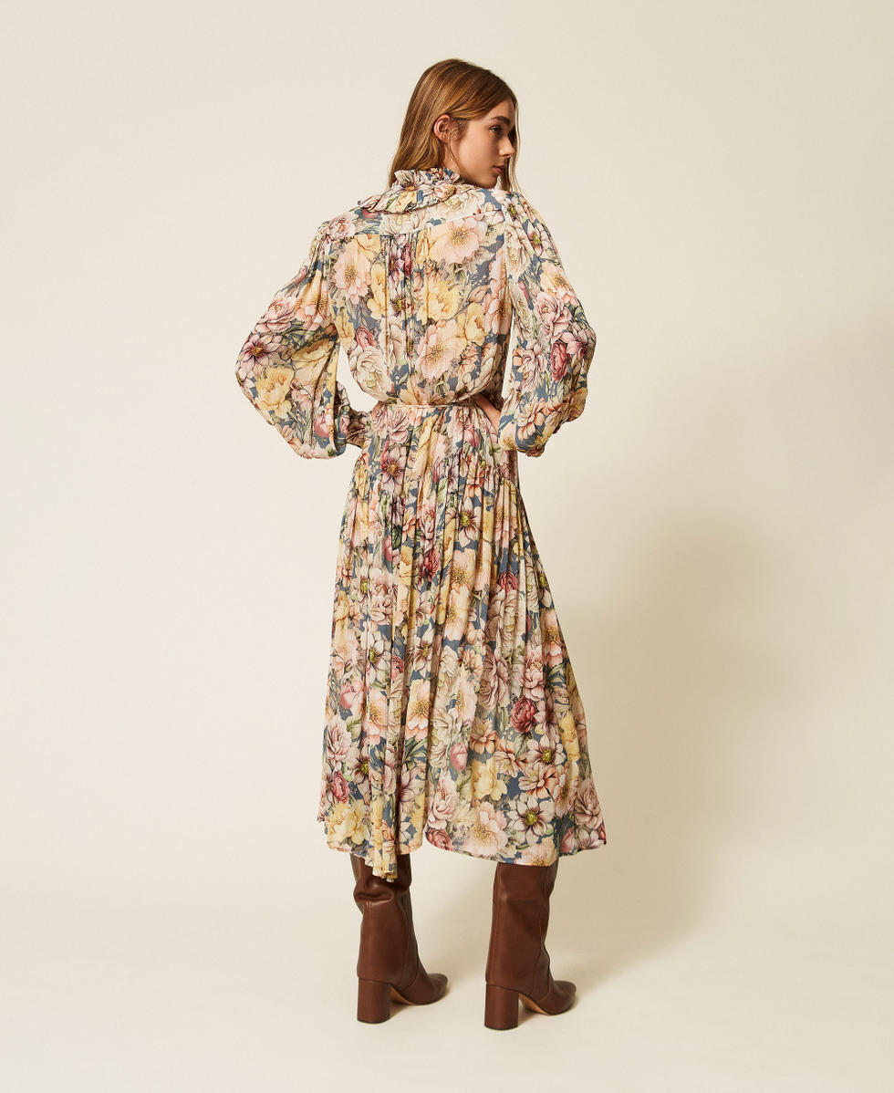 Robe longue en cr&eacute;pon floral Fleurs Bleu Indigo/Multicolore Femme 262TT2610_14099_04