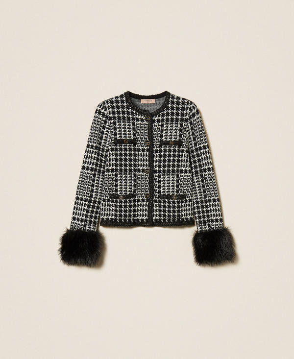 Chequered knit jacket with faux fur