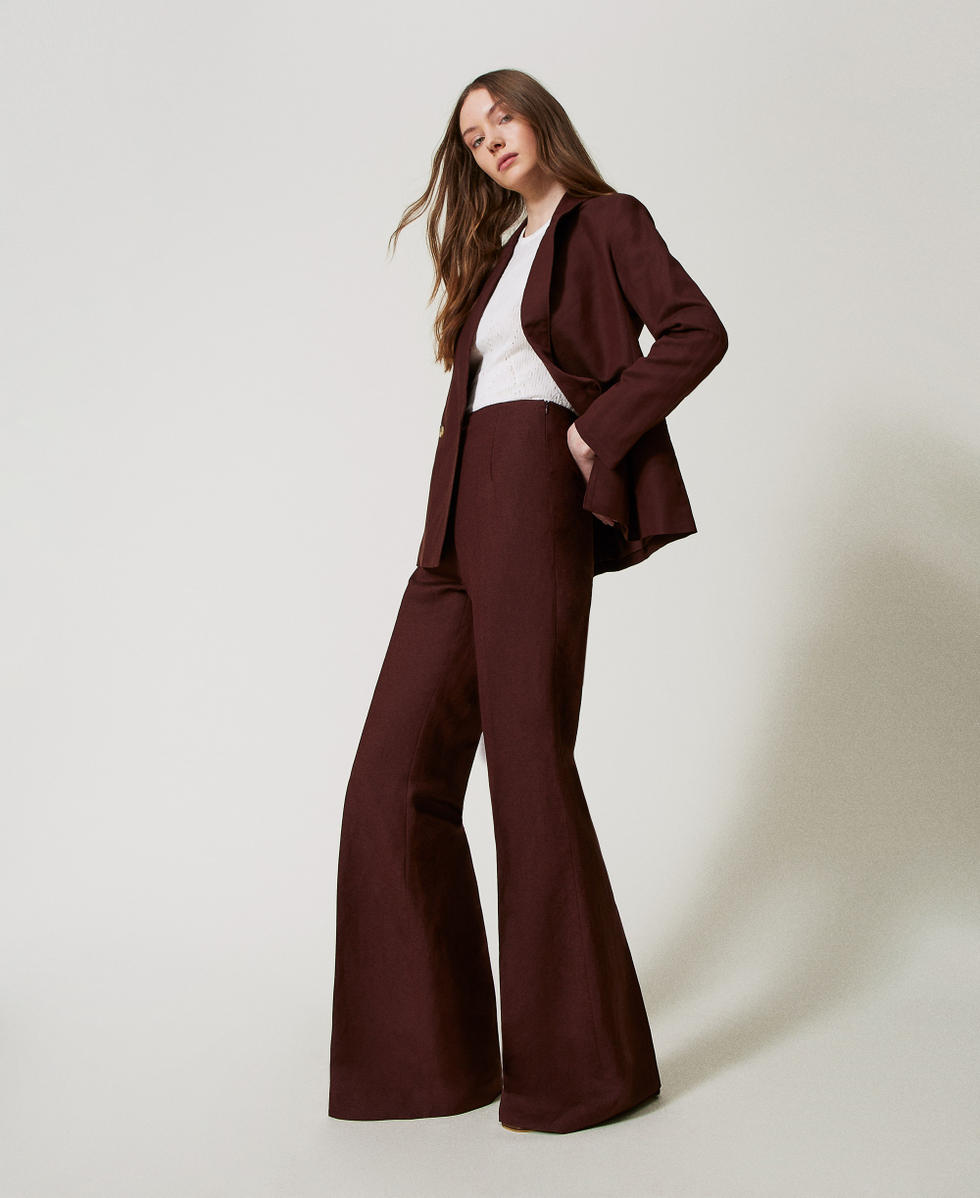 Pantalon &eacute;vas&eacute; en lin m&eacute;lang&eacute; Coffee Liqueur Femme 251LL2BHH_12110_01