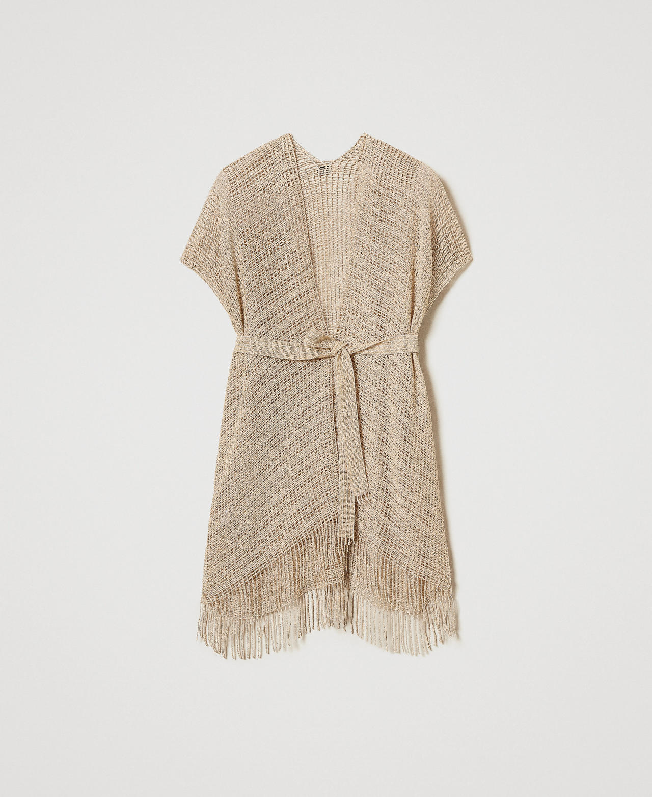 Short mesh and lurex kaftan with fringes Pale "Ginger Root” Beige Woman 251TO5190_11640_0S