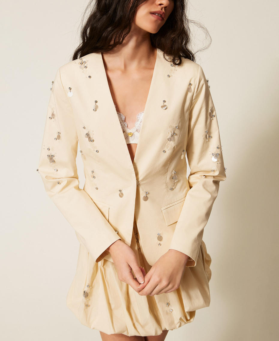 Poplin blazer with embroidery Cashew Beige Woman 261AT2010_13362_03