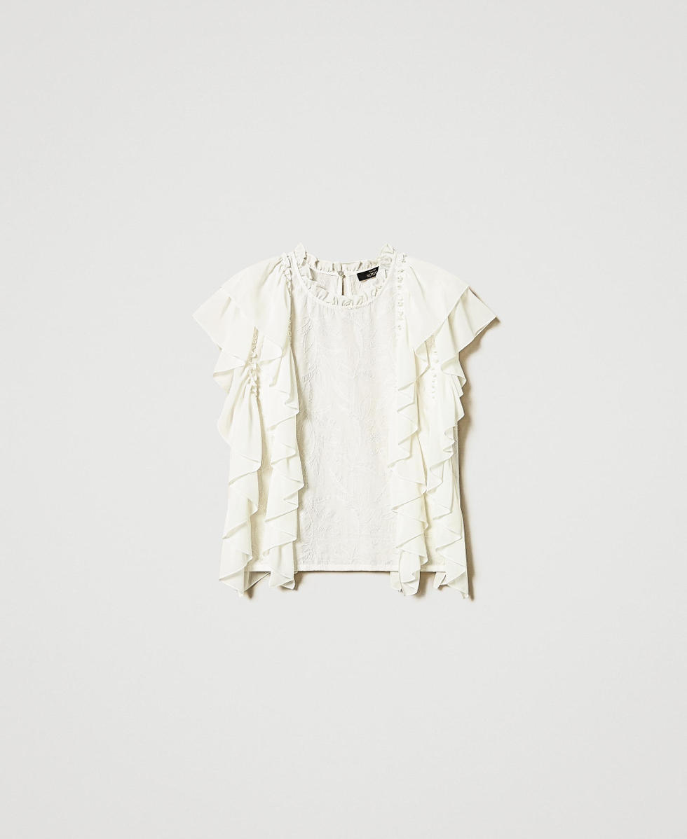 Bluse aus Musselin mit R&uuml;schen und Stickerei Sugar Wei&szlig; Frau 251AP2490_00632_S0