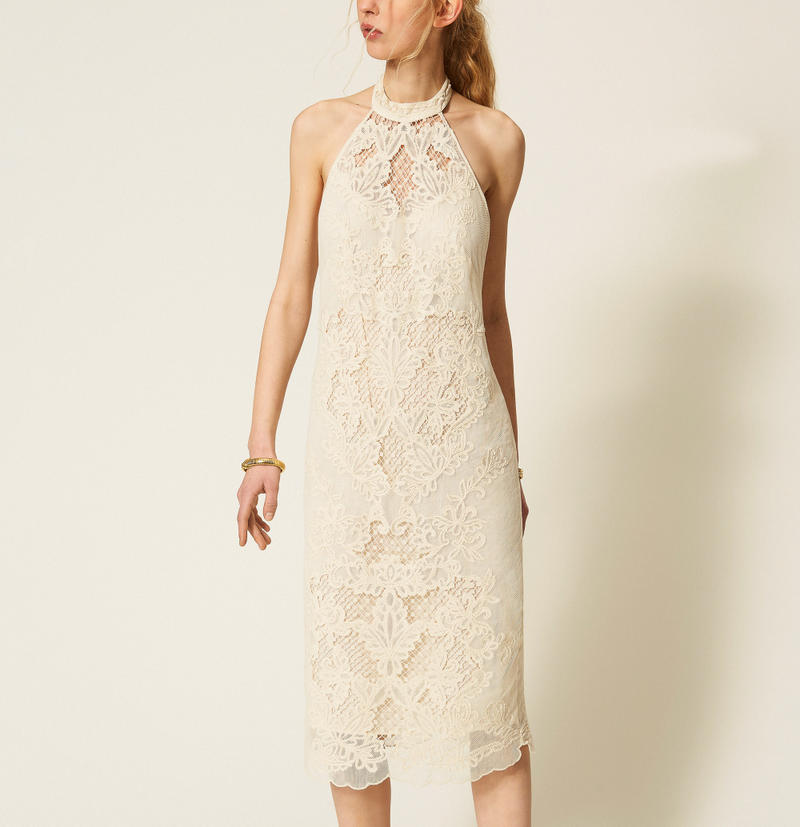 Vestido largo de rejilla con bordado Blanco Nieve Mujer 261TQ2012_00282_M01