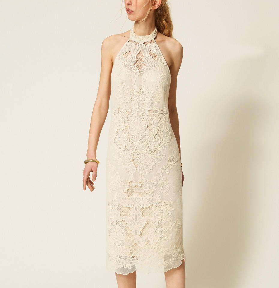 Vestido largo de rejilla con bordado Blanco Nieve Mujer 261TQ2012_00282_M01