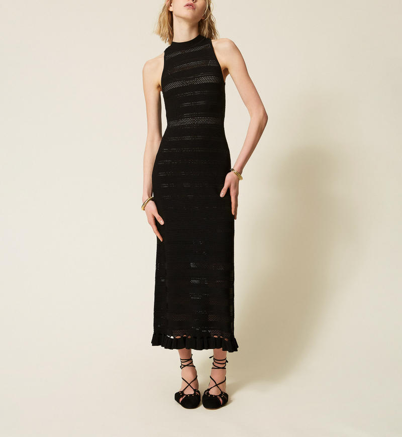Long turtleneck knit dress with ruffles Black Woman 261TQ3010_00006_M01
