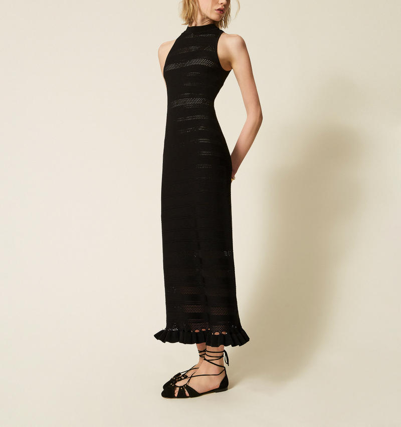 Long turtleneck knit dress with ruffles Black Woman 261TQ3010_00006_M02