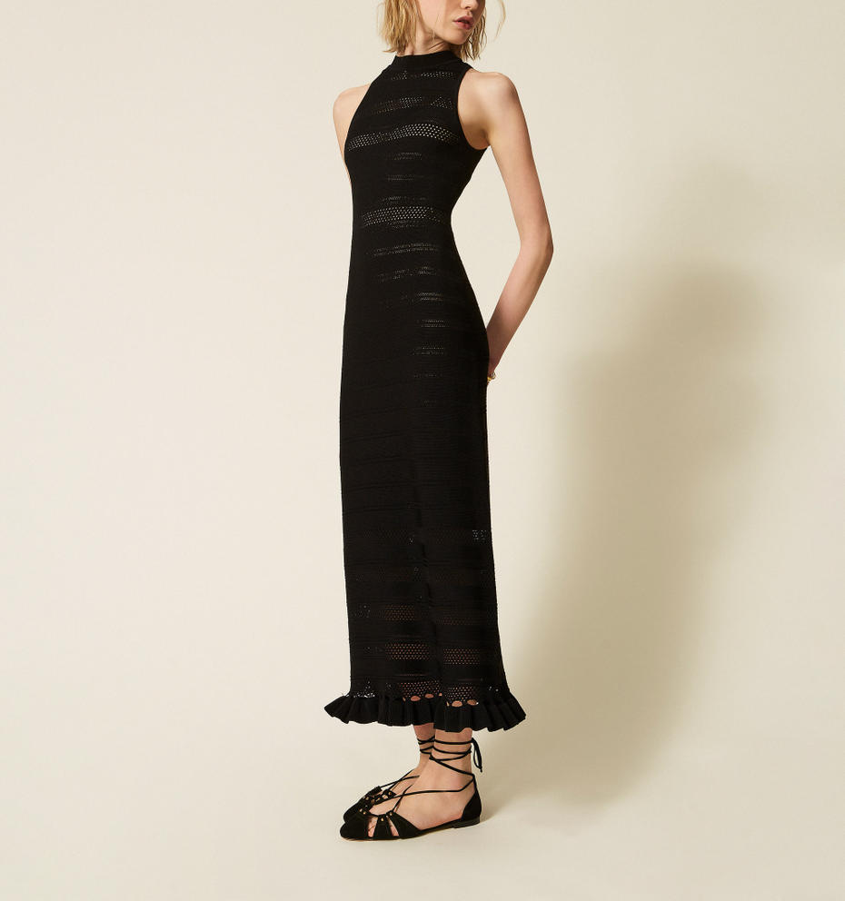 Long turtleneck knit dress with ruffles Black Woman 261TQ3010_00006_M02