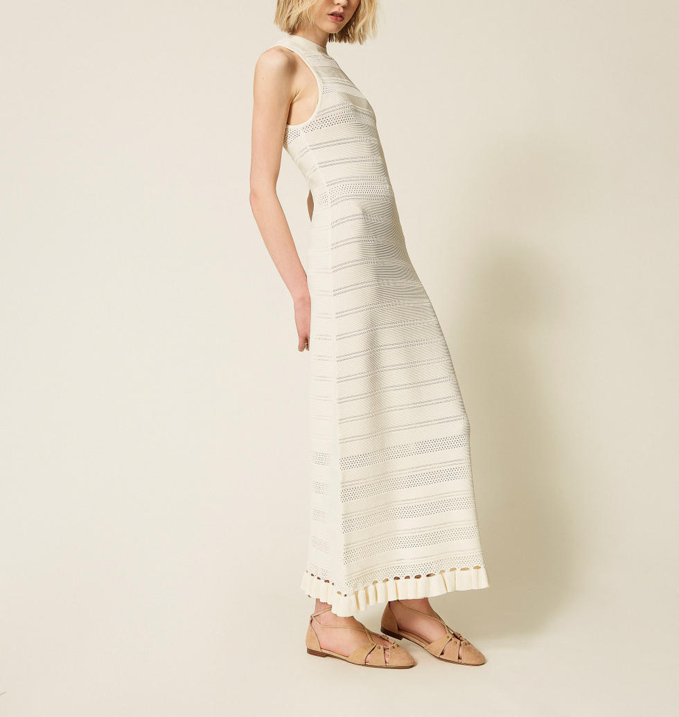 Robe longue col montant en maille avec volants Nacre Femme 261TQ3010_00059_M02