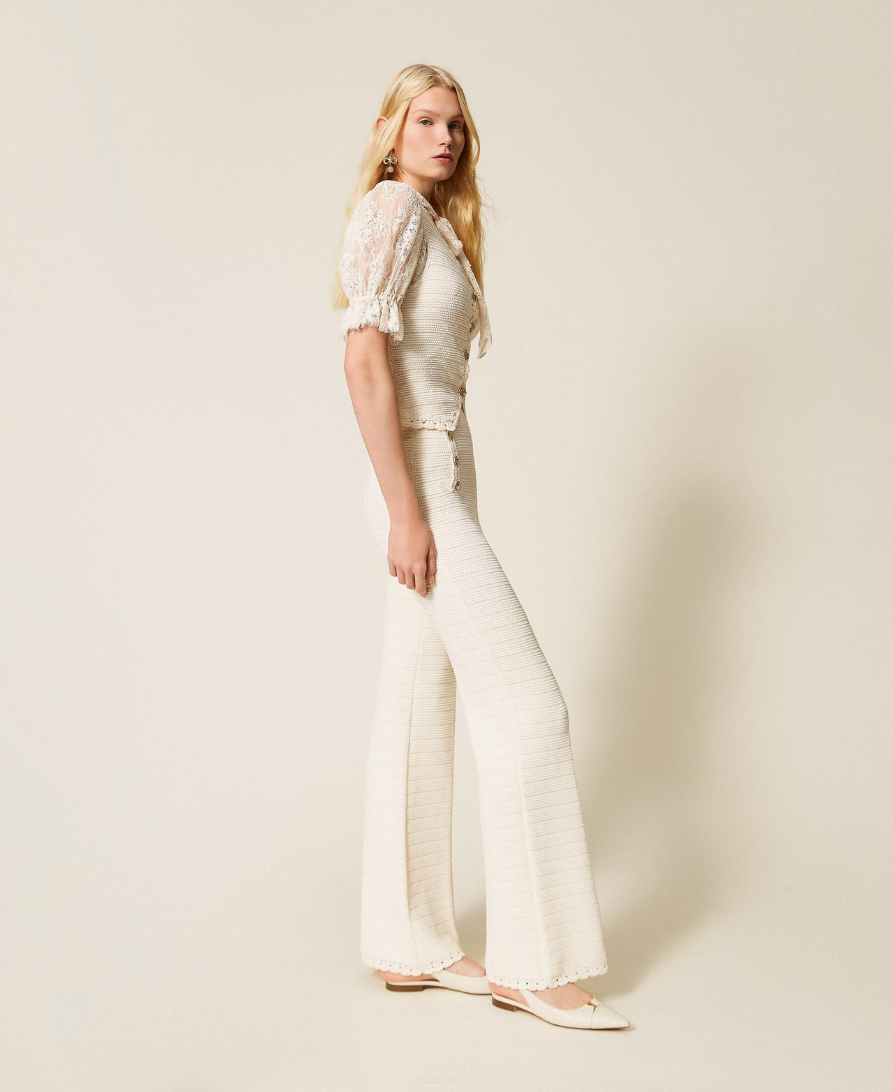 Strickhose mit H&auml;keleinsatz &bdquo;Parchment&ldquo;-Beige Frau 261TP3076_07222_02