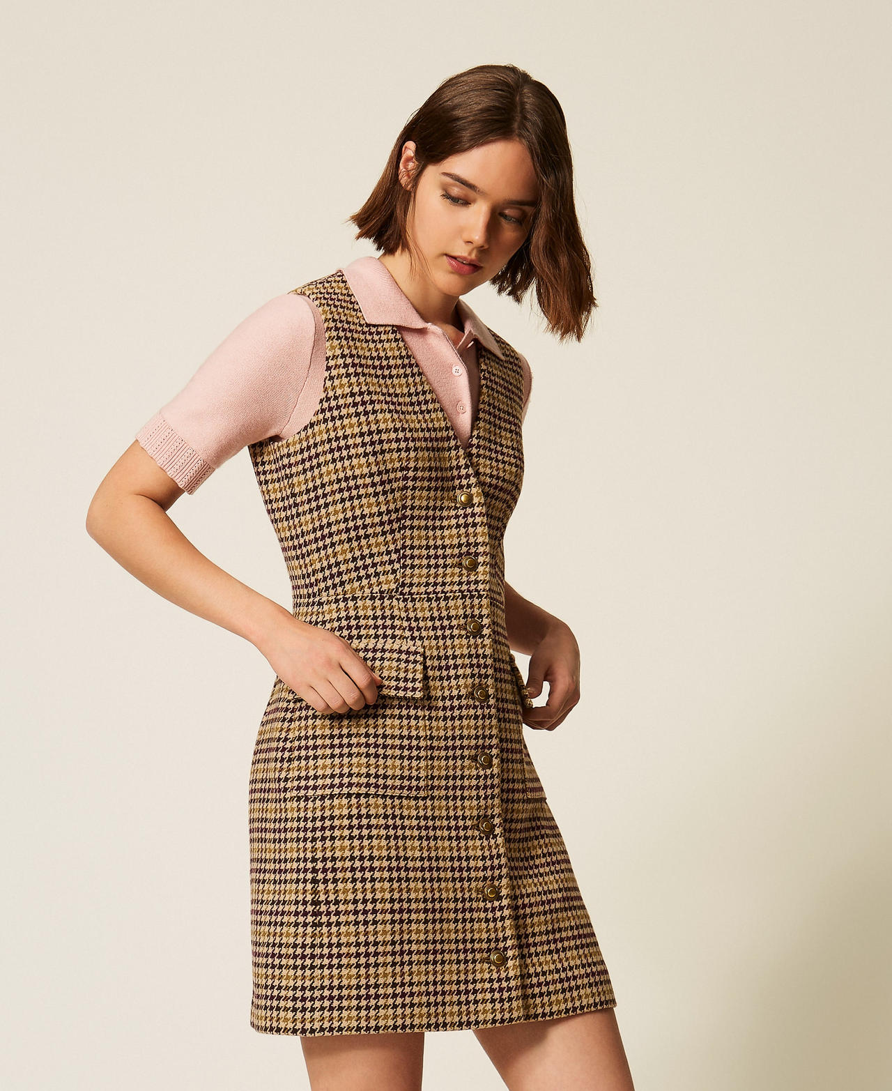 Short houndstooth shirt dress Multicolour Houndstooth Woman 262LI2BEE_13755_02