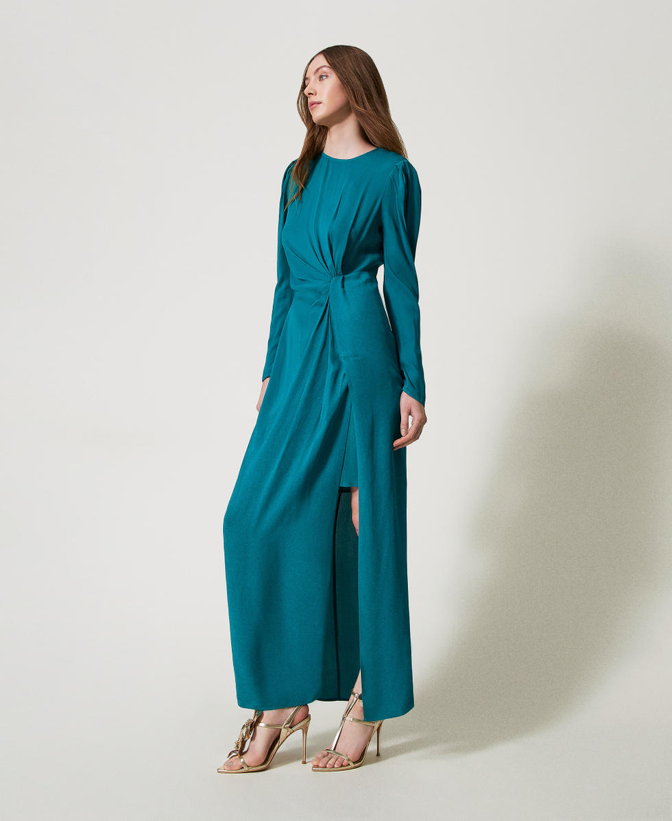 Long dress in cr&ecirc;pe de Chine Dark Emerald Sea Woman 251TP2143_12293_02