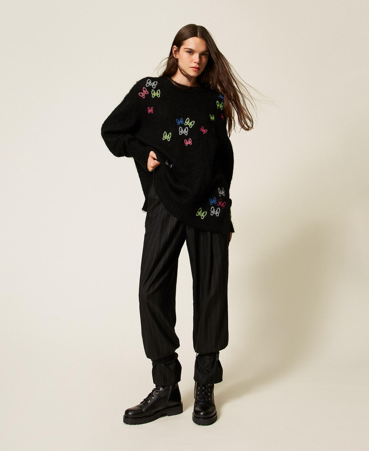 MYFO striped trousers with straps Black Pinstripe Woman 252AQ2042_12849_01