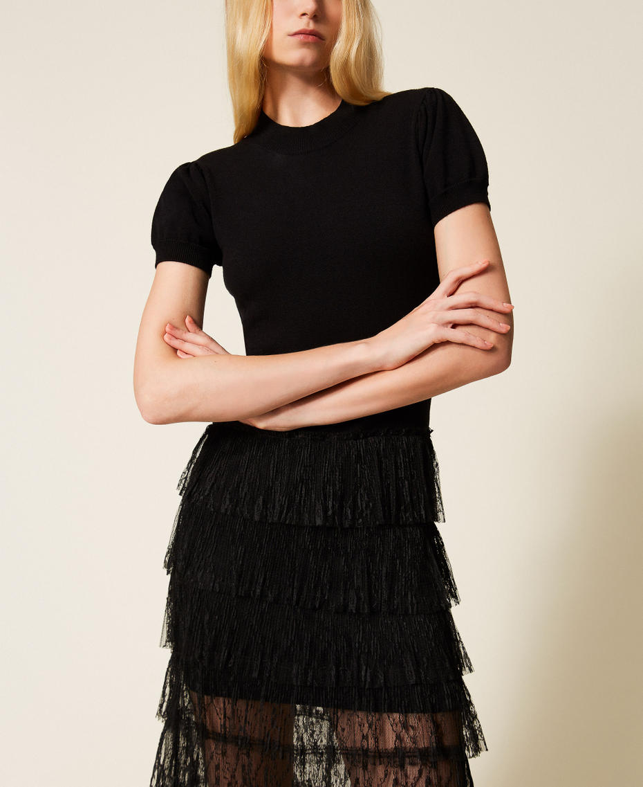 Long knit dress with plumetis lace Black Woman 261TP3163_00006_04