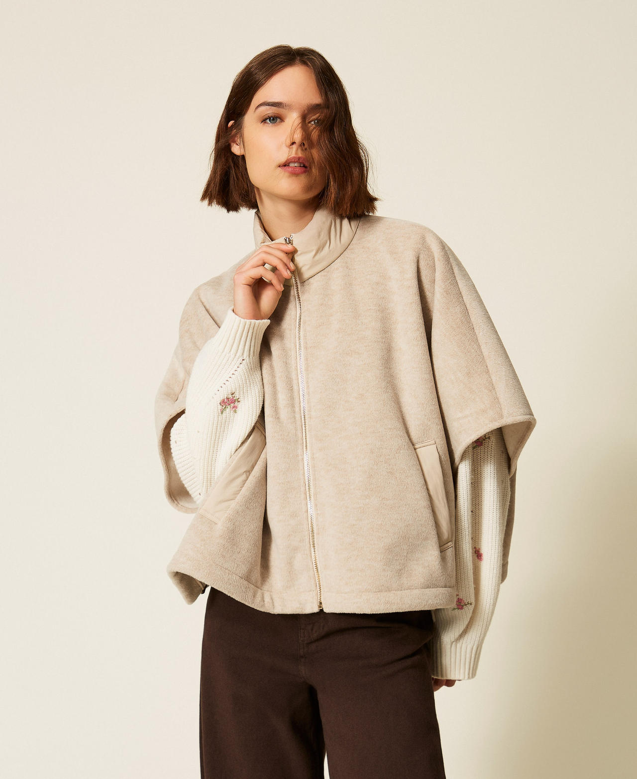 Poncho in panno con zip Beige Canapa Donna 262TA4410_00310_01