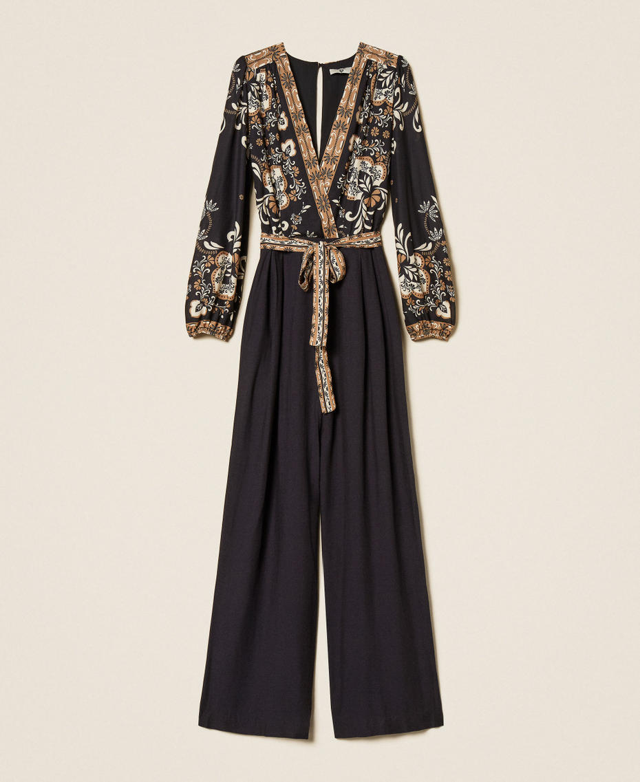 Linen blend printed jumpsuit Black Foulard Print Woman 261LB2NDD_13225_S0
