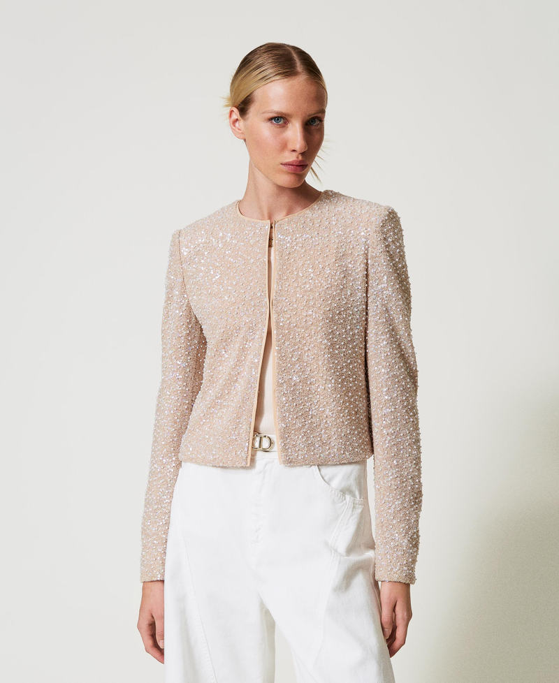 Jacket with sequins and pearls Snow/Delicate Beige Sequin & Pearl Embroidery Woman 251TP2202_12254_05