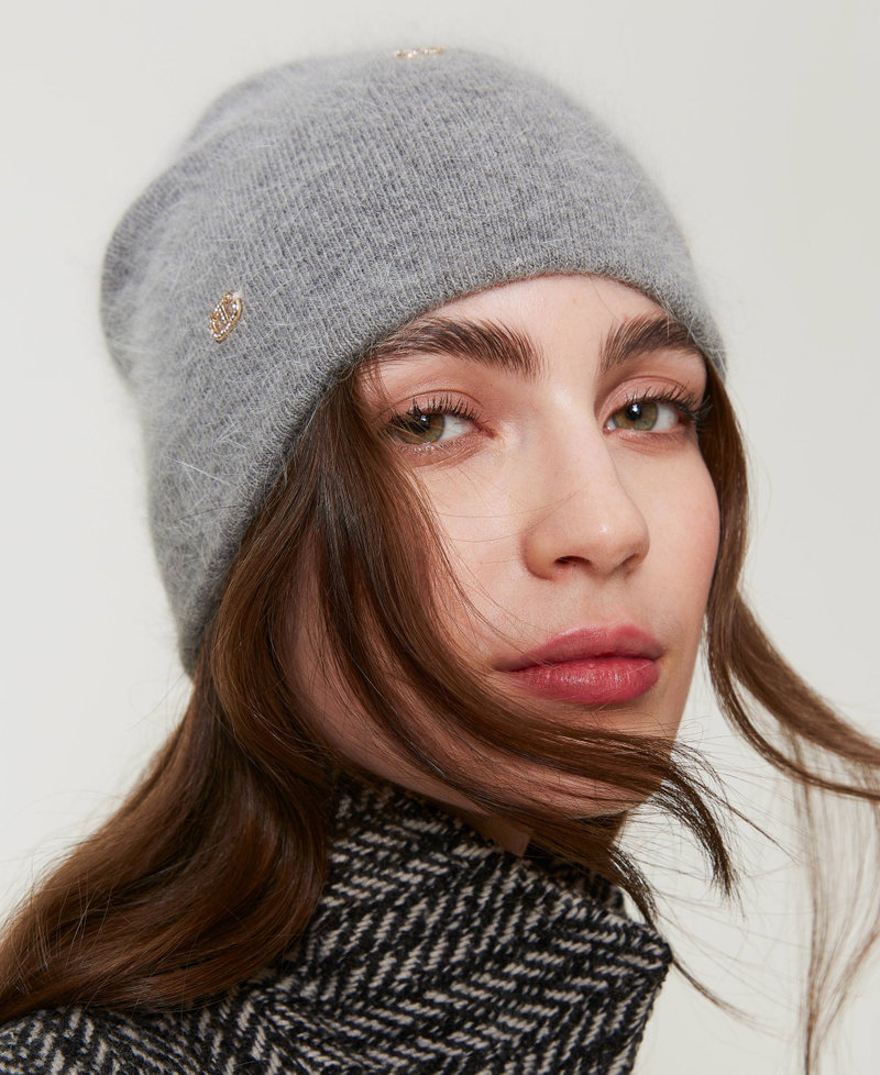Knit beanie hat with Oval T Warm Melange Gray Woman 242TA4140_11759_0S