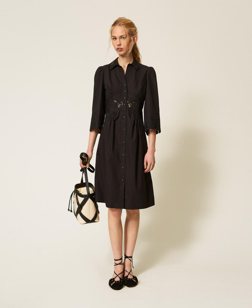 Robe midi en popeline et broderie anglaise Noir Femme 261TT2034_00006_T0