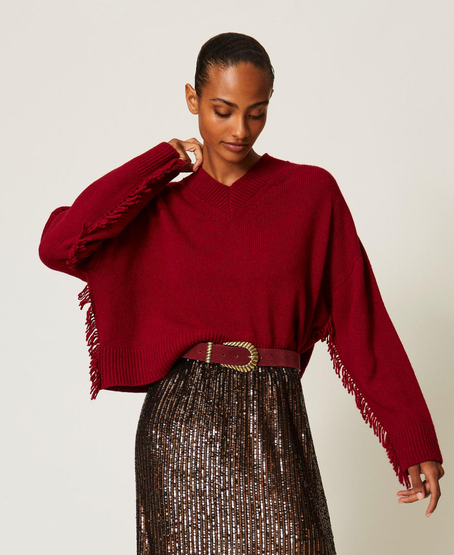 Pullover aus Wollmischung mit Fransen Bloody Mary Dunkel Frau 262TT3211_14100_01