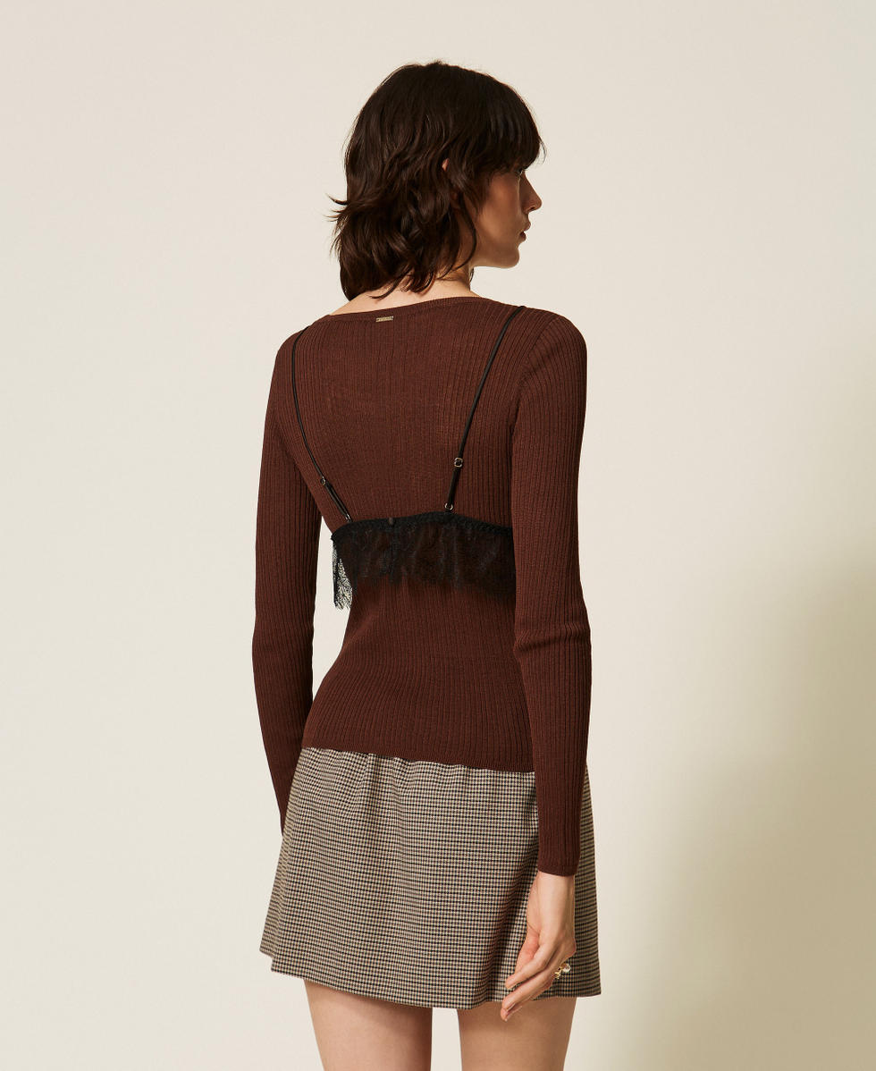 Pull en soie m&eacute;lang&eacute;e avec top Bicolore Marron "Dark Coffee" Fonc&eacute;/Noir Femme 262TP3010_13887_03
