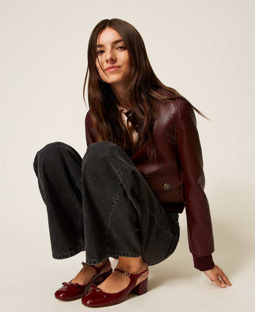 Faux patent leather sling back court shoes