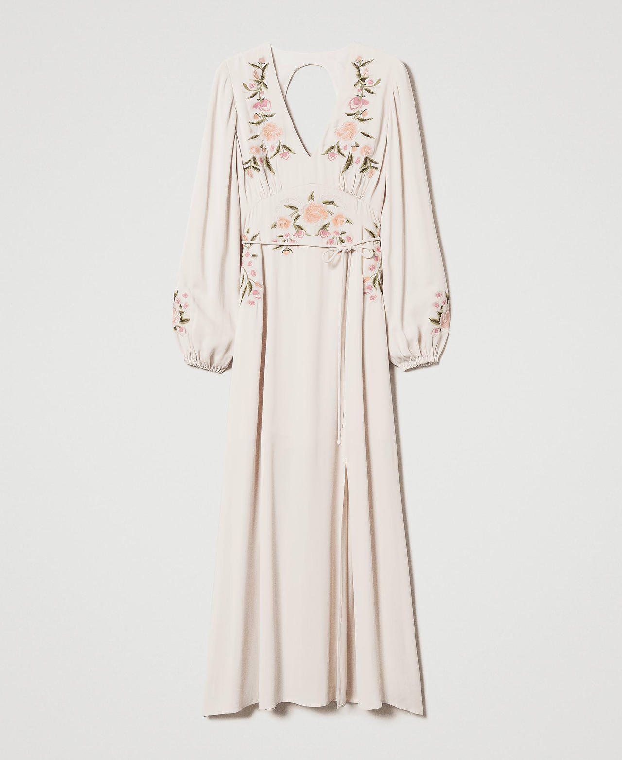 Long dress with floral embroidery Beige/Multicolour Flowers Embroidery Woman 251TP2470_12306_0S