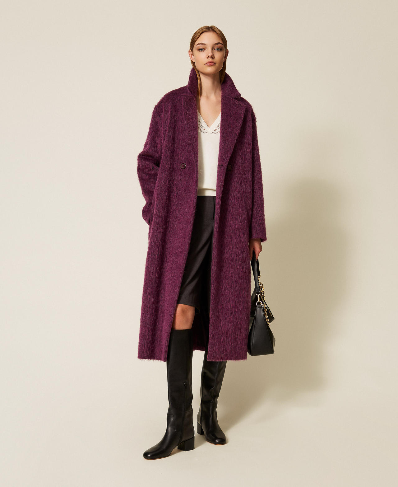 Twinset Vrouw Violet « Purple Eden » Blousons Et Manteaux - Manteau Croisé En Laine Mélangée, Violet « Purple Eden », Taille: 50