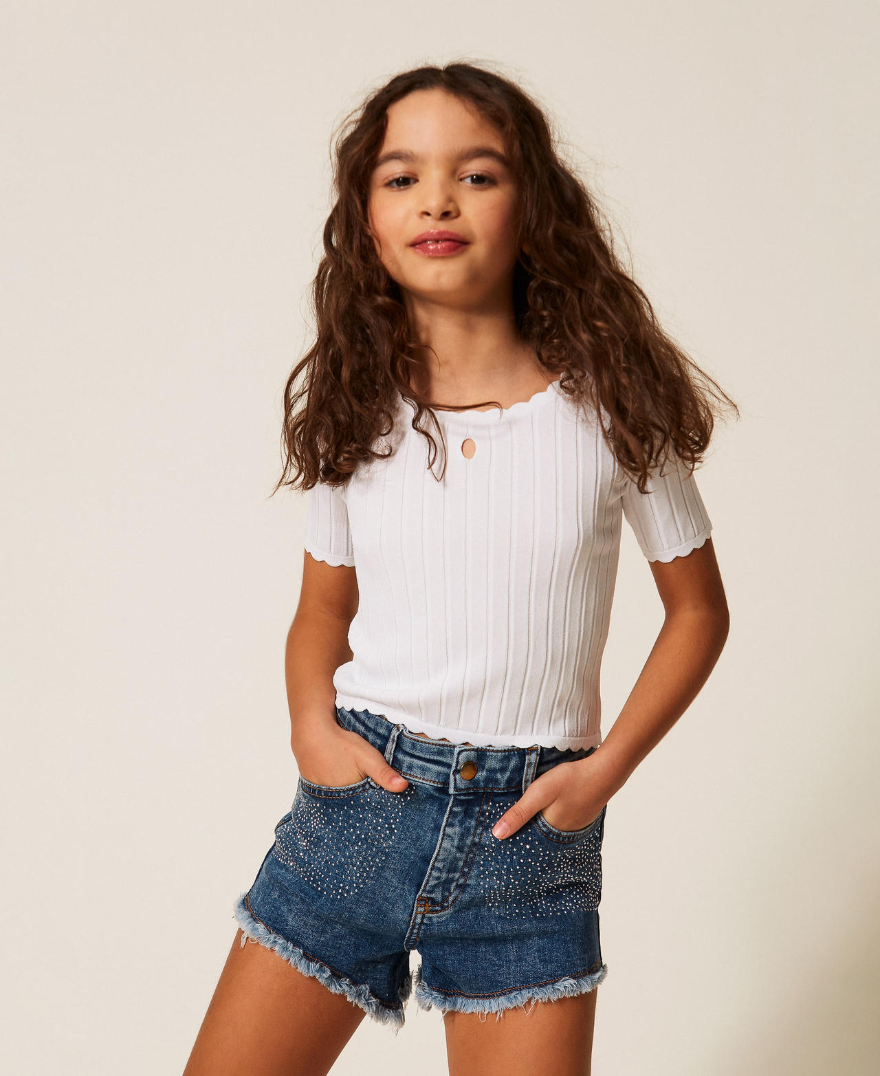 Twinset Girls Off White Fitted Ribbed Jumper