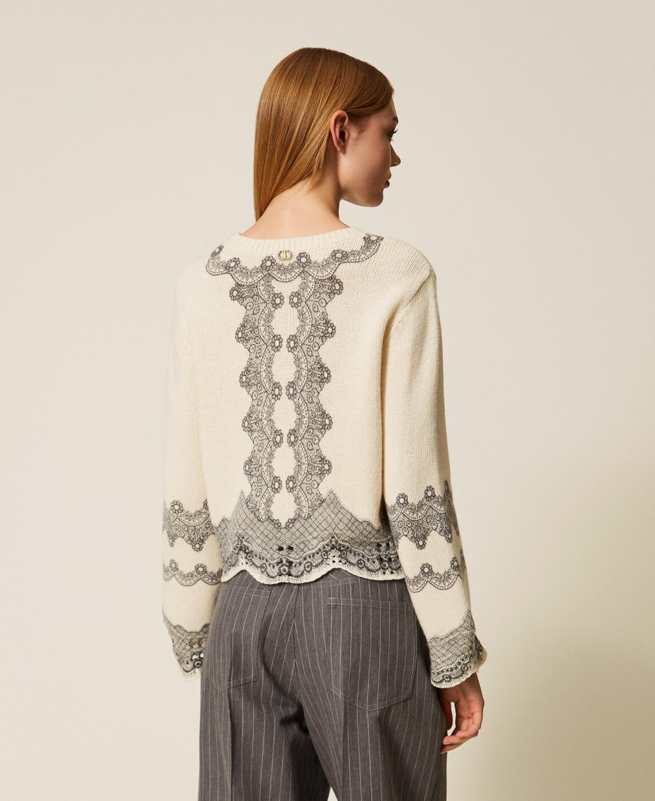 Wool blend jumper with placed print Snow White/Black Lace Print Woman 252TT3480_13040_03