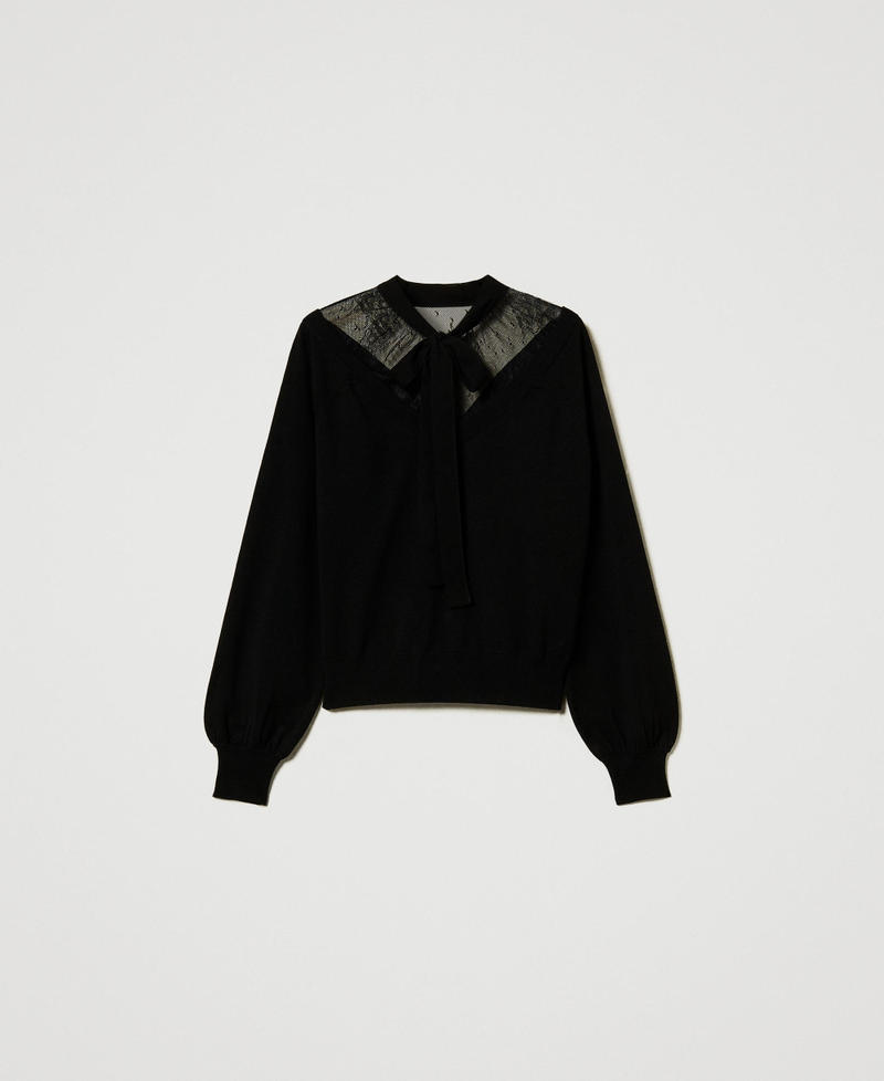 Pullover mit Spitze und Schleife Schwarz Frau 242TP3021_00006_S0