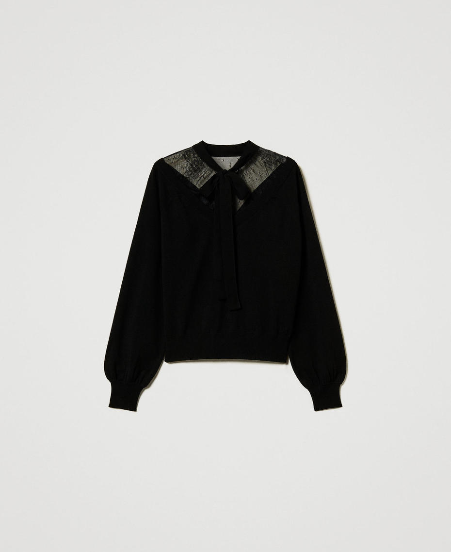Pullover mit Spitze und Schleife Schwarz Frau 242TP3021_00006_S0