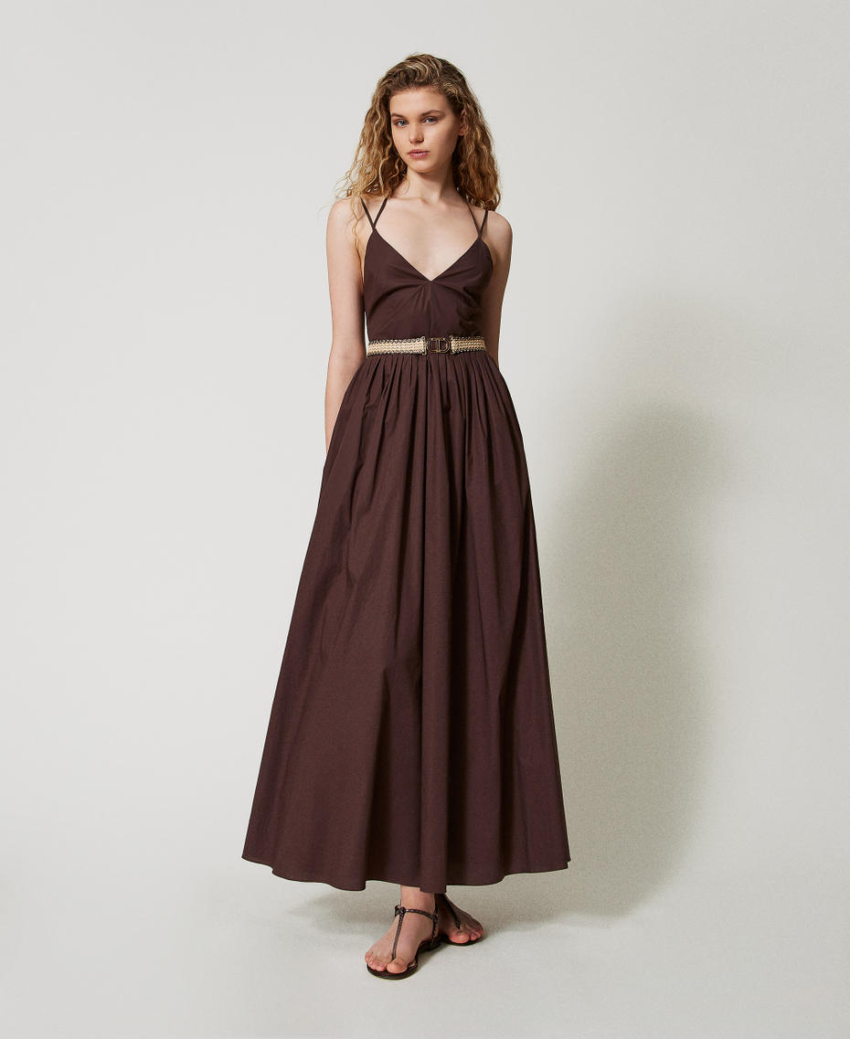 Long poplin dress with belt Coffee Woman 251TT2100_00203_01