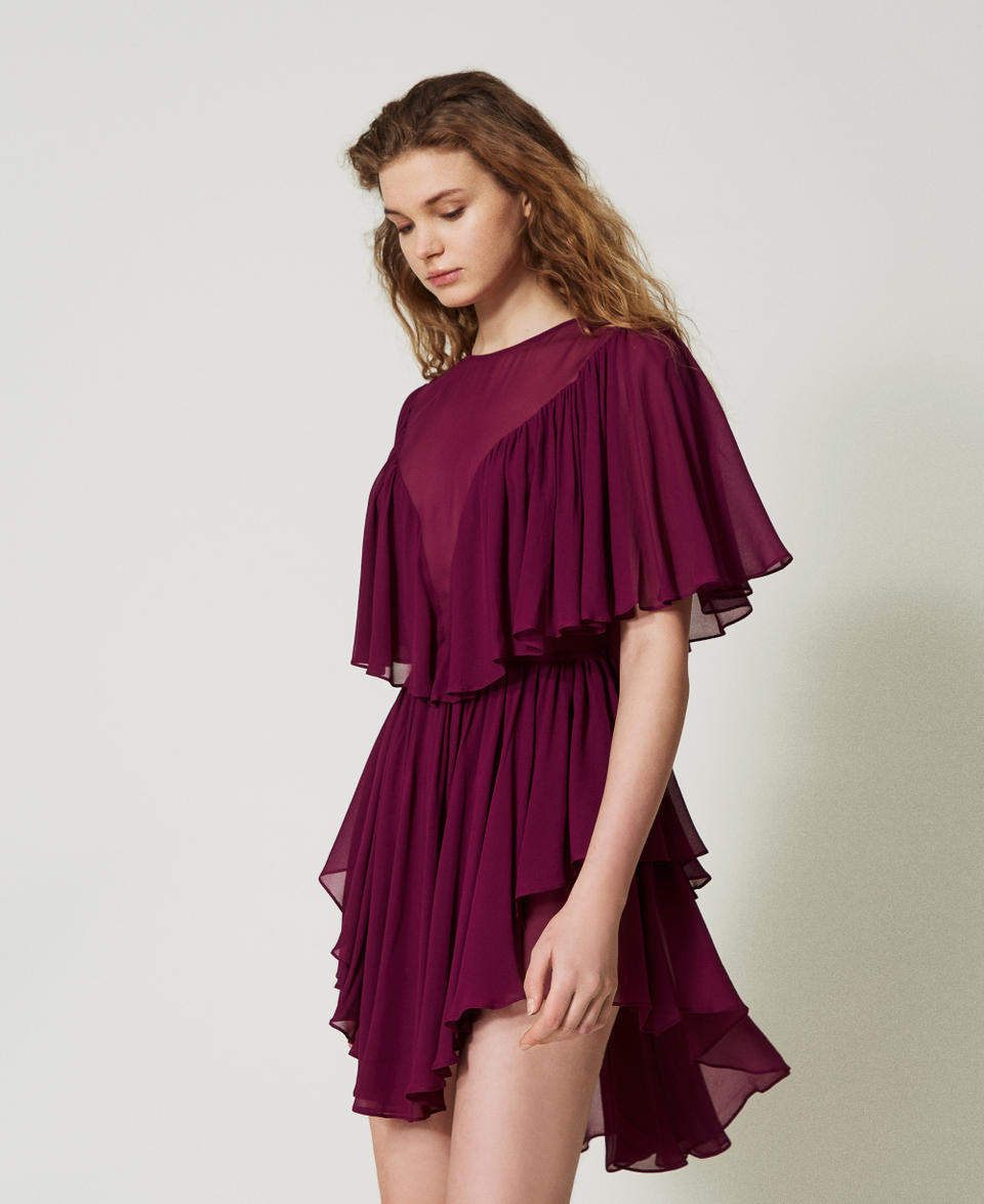 'Capri' short dress in georgette with ruffles “Red Plum” Purple Woman 251TS2072_05245_02