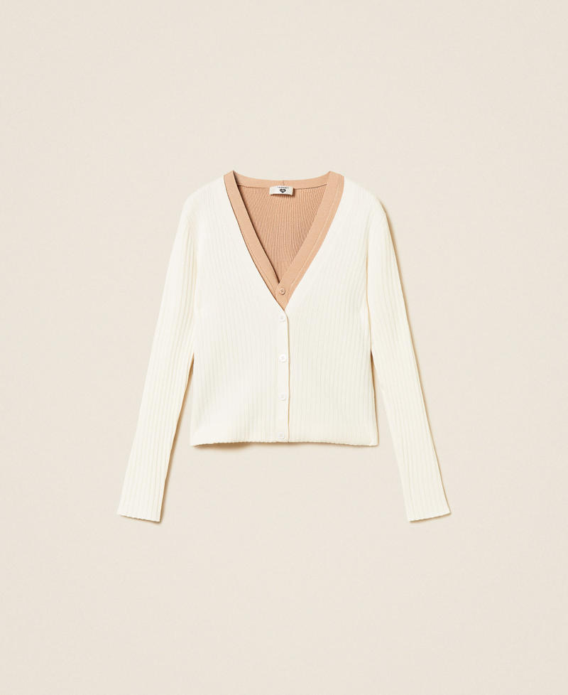 Cardigan trompe-l&rsquo;&oelig;il c&ocirc;tel&eacute; Bicolore Nacre/Beige "Dune" Femme 262LI3EAA_13720_S0