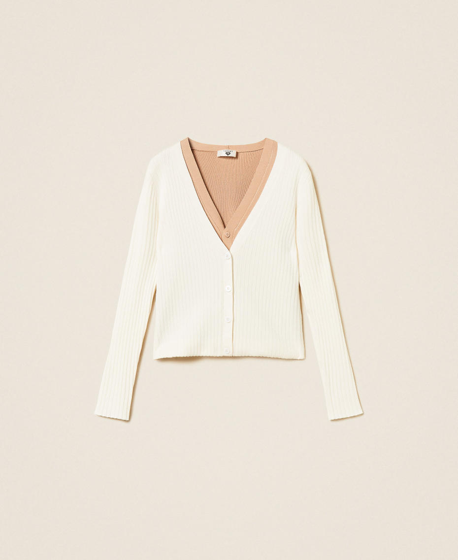 Cardigan trompe-l&rsquo;&oelig;il c&ocirc;tel&eacute; Bicolore Nacre/Beige "Dune" Femme 262LI3EAA_13720_S0