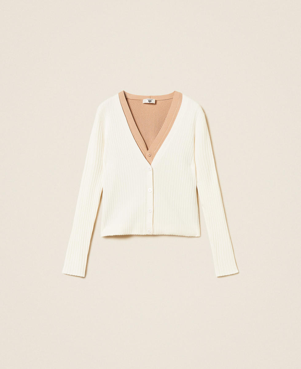 Cardigan trompe l'oeil a costine Bicolor Madreperla / Beige "Dune" Donna 262LI3EAA_13720_S0