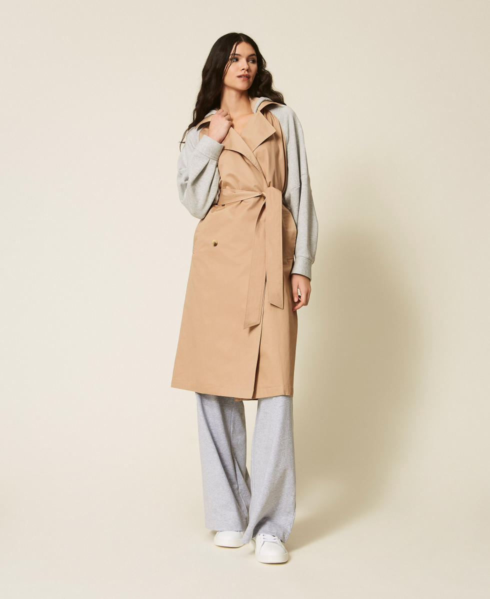 Gabardine and plush fabric trench coat